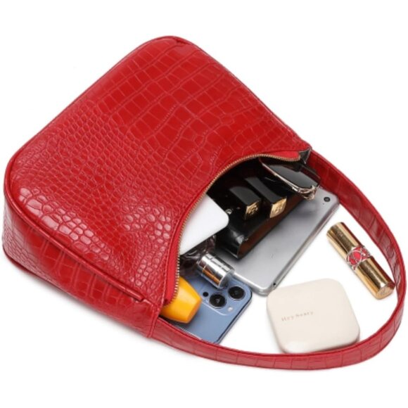 Women Crocodile Red Imported Polyester Leather Zipper Closure Mini Tote Handbag - Picture 6 of 6